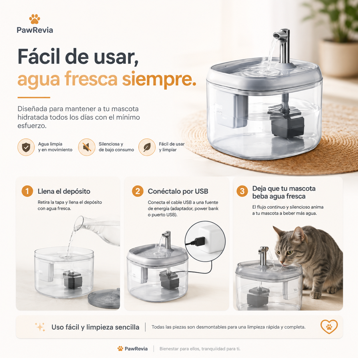 Fuente de Agua USB 1,5 L para Gatos y Perros 