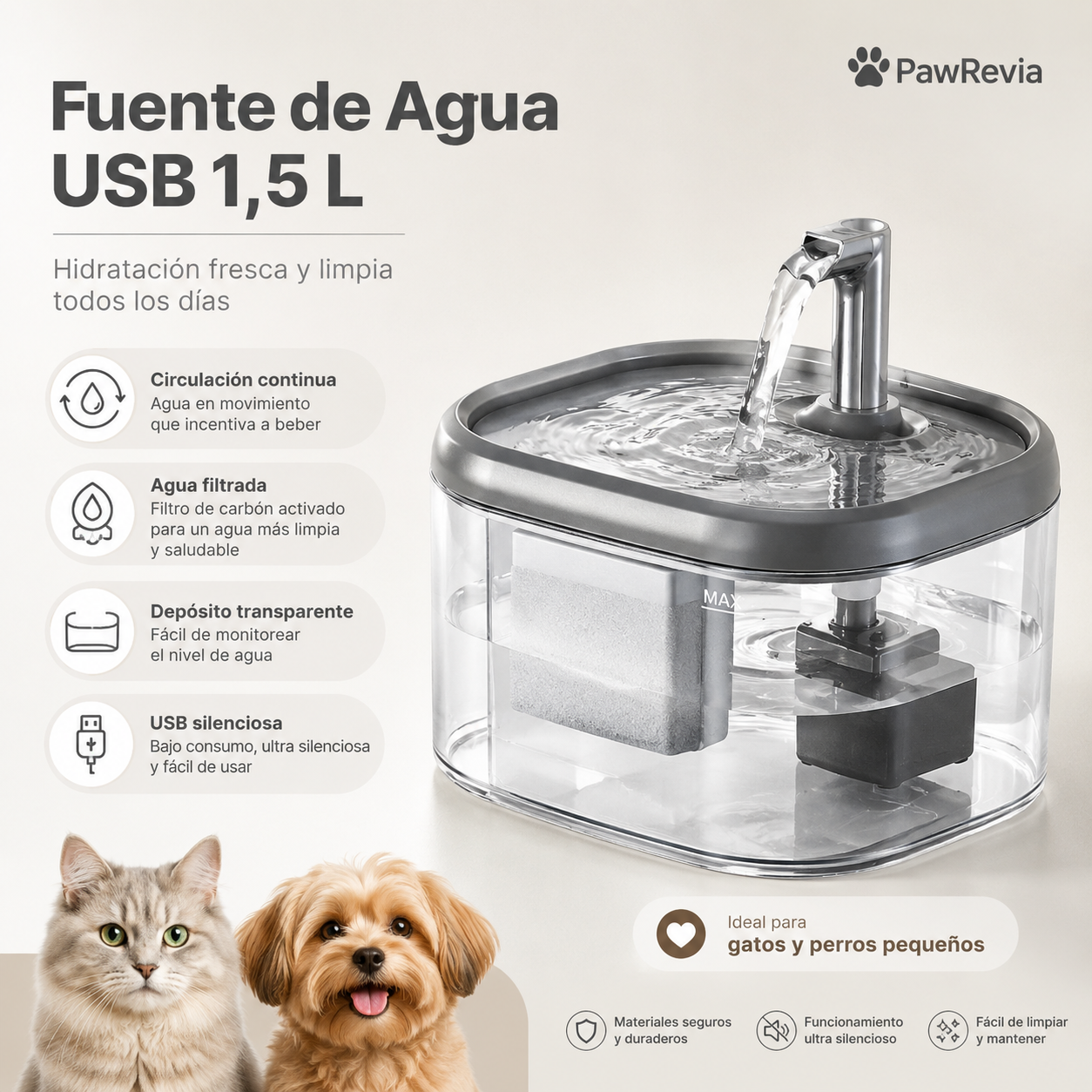 Fuente de Agua USB 1,5 L para Gatos y Perros 