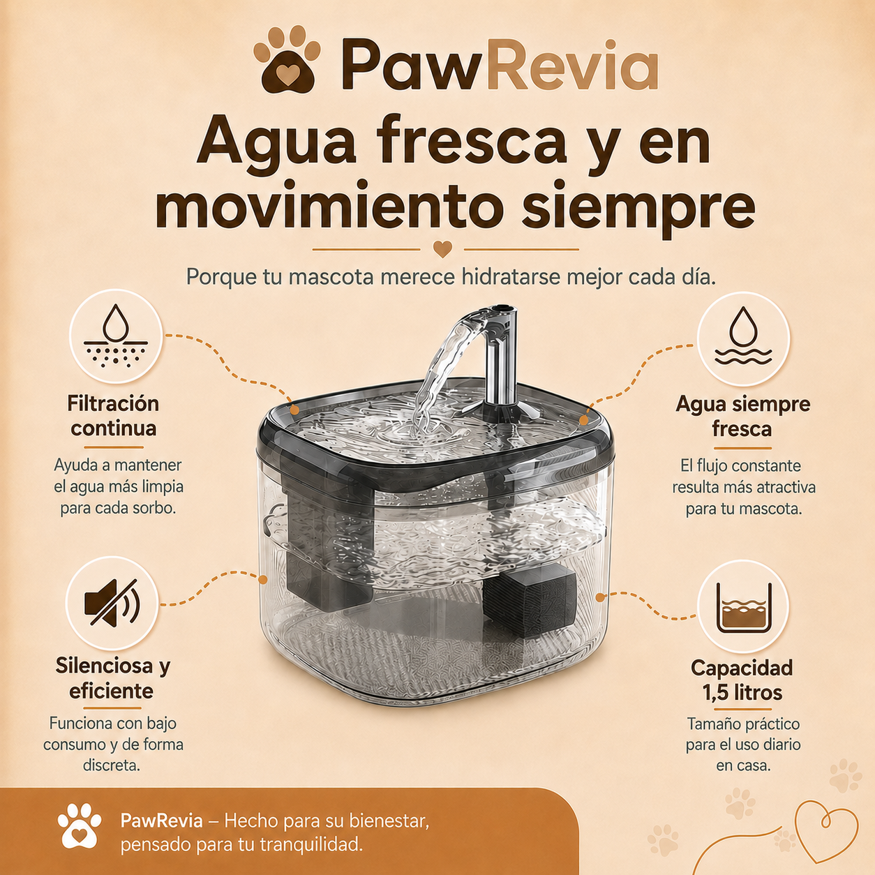Fuente de Agua USB 1,5 L para Gatos y Perros